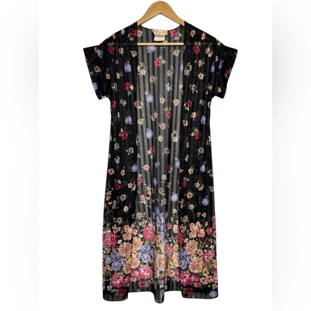 Vintage Sears Floral Duster Kimono Sheer Black Mesh Size 9